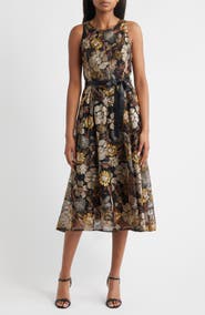Tahari Embroidered Sleeveless Belted Midi Dress