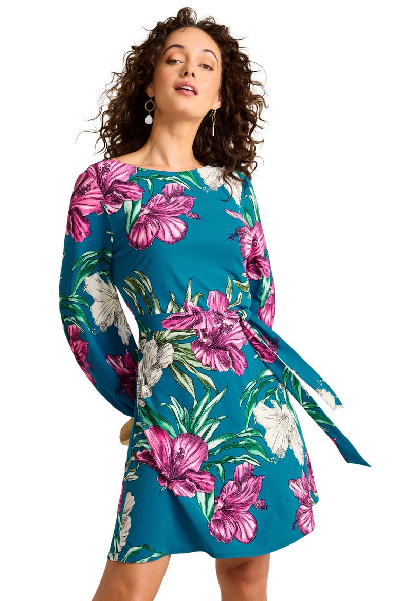 Villa Garden Wrinkle Resistant Tie Belt Long Sleeve Dress, Alternate, color, ACADEMY