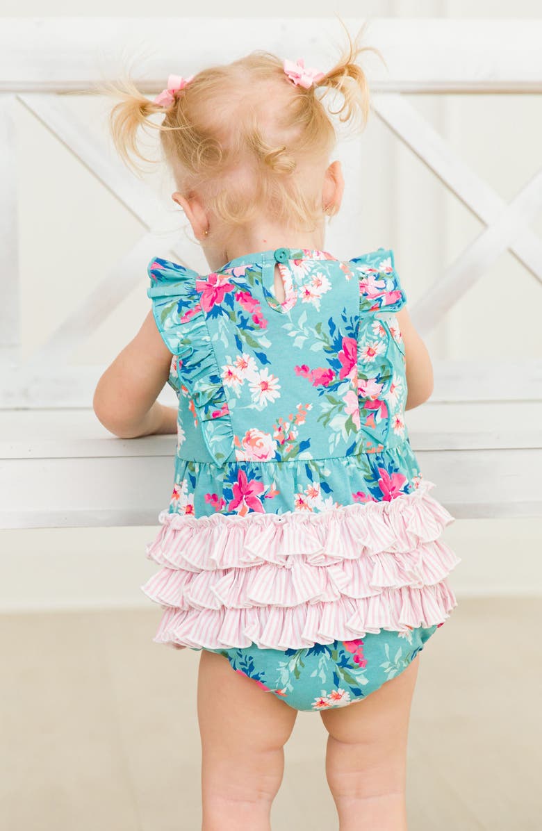 RuffleButts Fancy Me Floral Ruffle Waterfall Bubble Romper, Alternate, color, Blue
