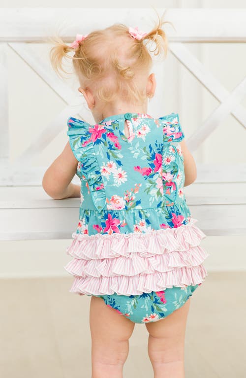 Rufflebutts Fancy Me Floral Ruffle Waterfall Bubble Romper In Blue