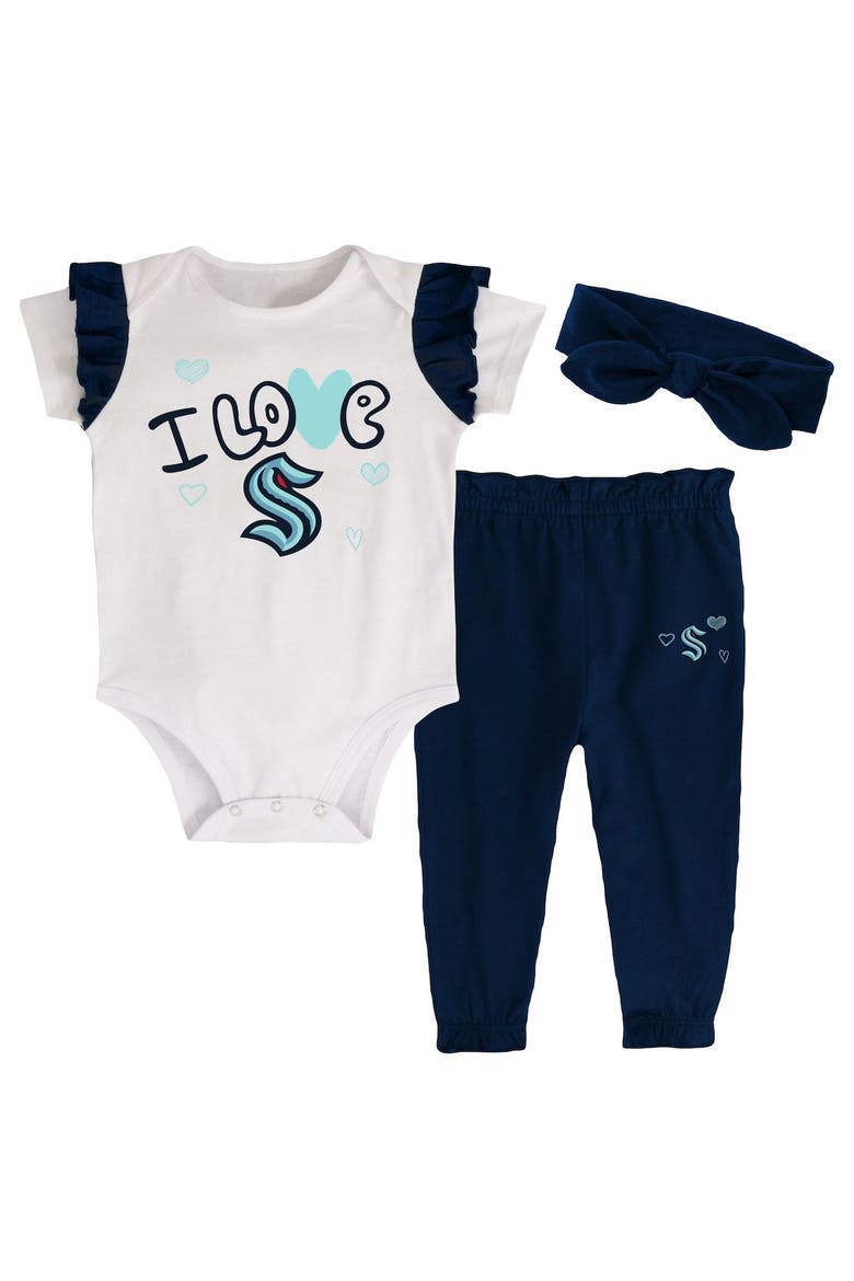 Girls Infant White/Deep Sea Blue Seattle Kraken I Love Hockey Bodysuit Pants & Headband Set, Main, color, White