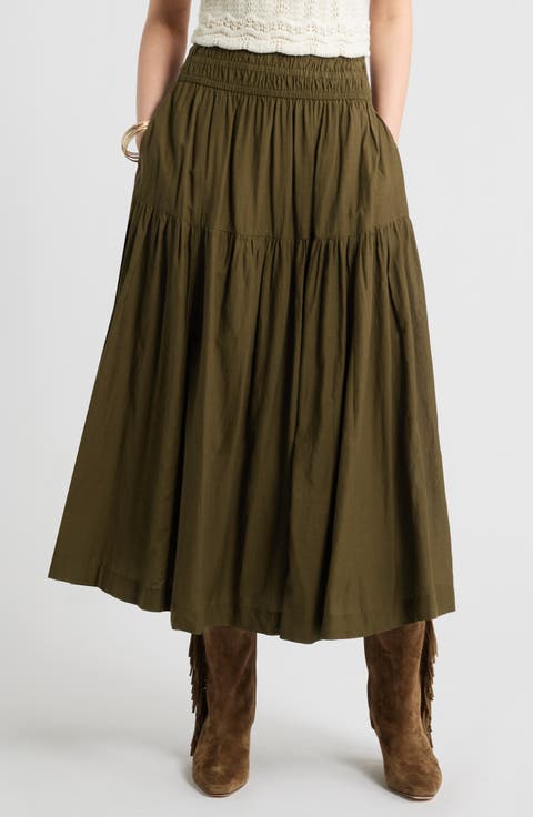Smocked Waist Cotton Maxi Skirt