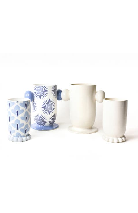 Iris Blue and Signature White Ceramic Vases 4 Piece Set