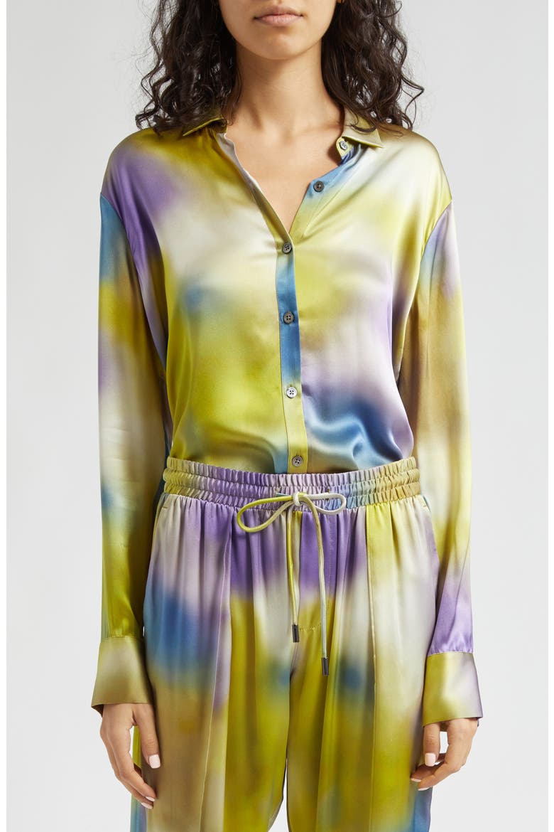 Watercolor Print Silk Charmeuse Button-Up Shirt, Alternate, color, WATERCOLOR PRINT
