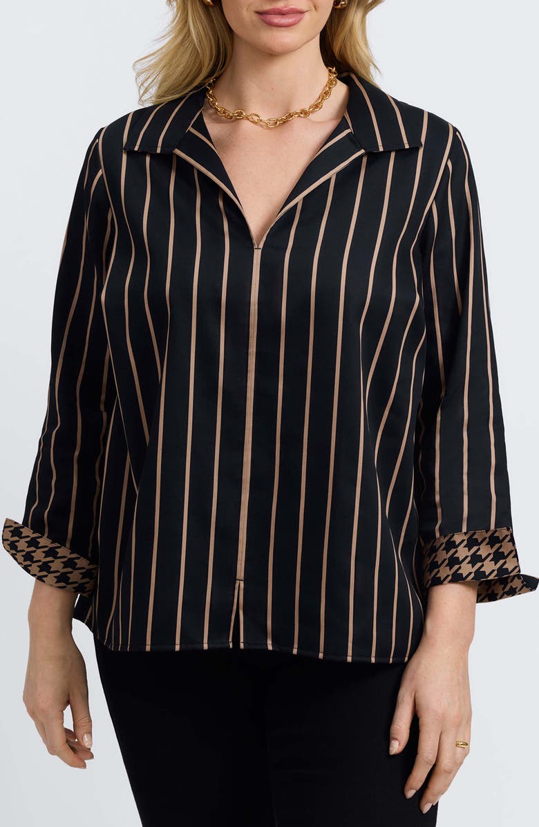 Foxcroft Agnes Stripe Three-Quarter Sleeve Popover Top, Main, color, Black/ Almond