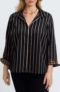 Foxcroft Agnes Stripe Three-Quarter Sleeve Popover Top