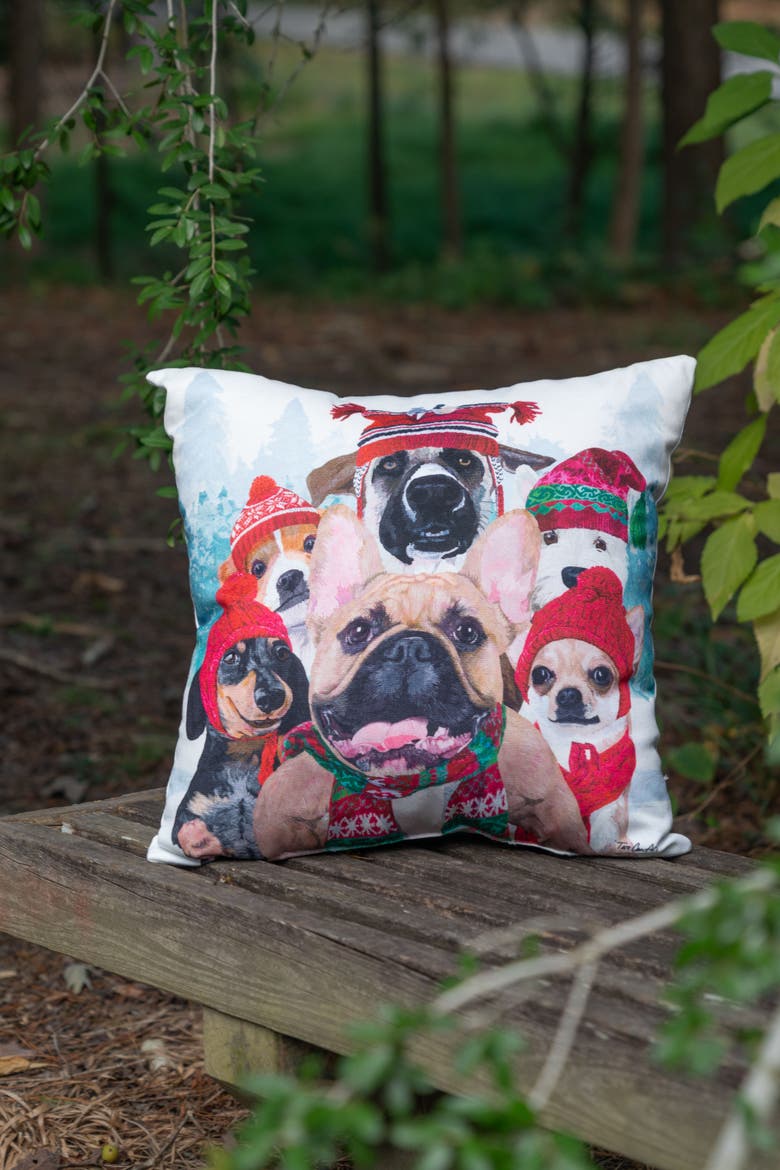 Winter Dogs In Knitted Holiday Hats Christmas Throw Pillow 18" x 18", Alternate, color, Red