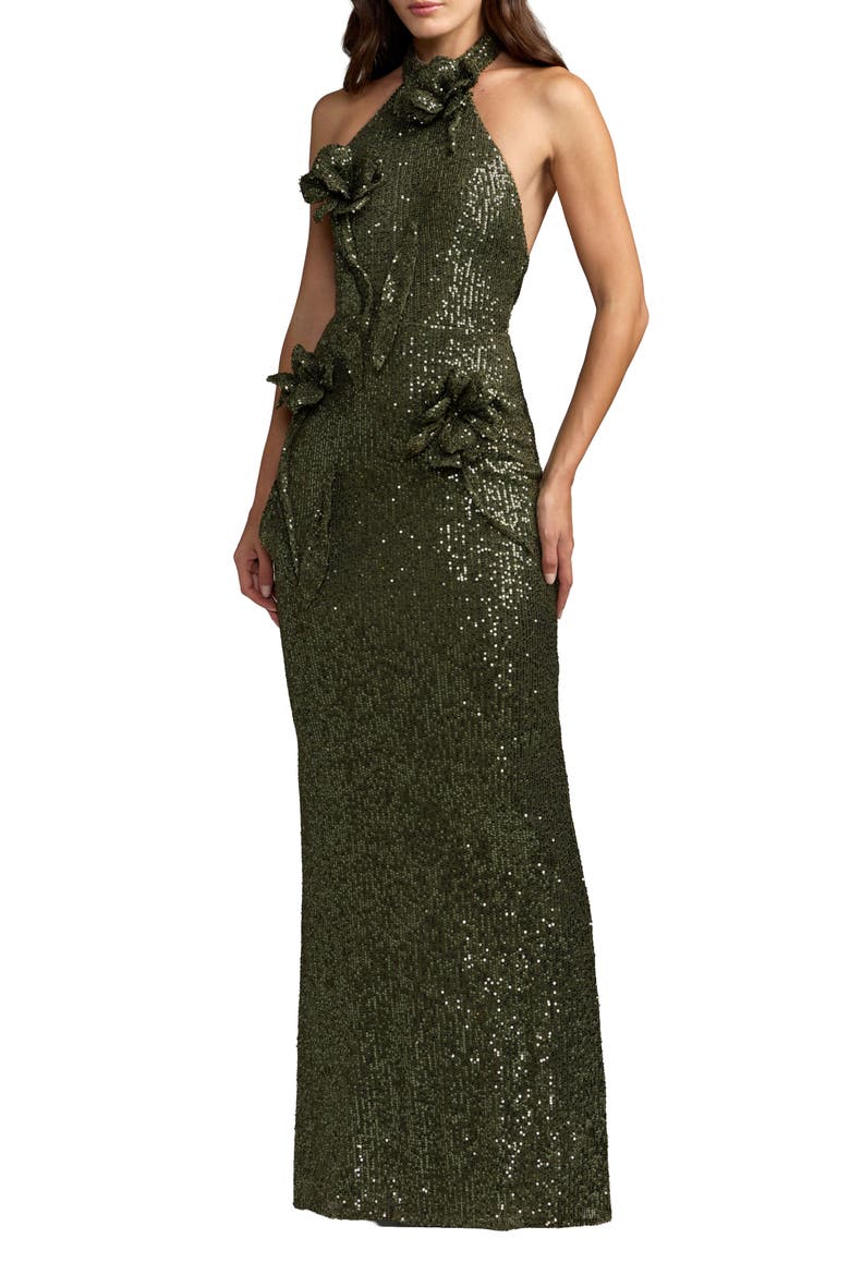 Halter Neck Sequin 3D Flower Column Gown, Main, color, Olive