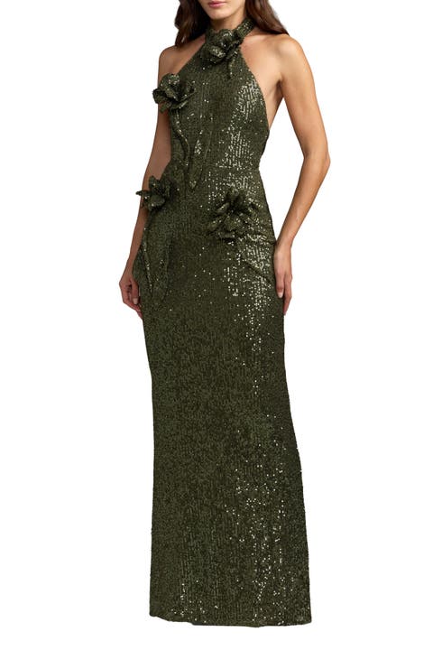 Halter Neck Sequin 3D Flower Column Gown