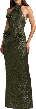 Mac Duggal Halter Neck Sequin 3D Flower Column Gown