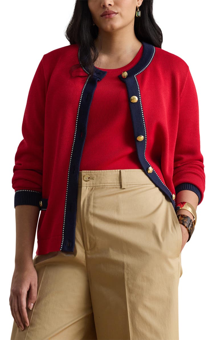 Lauren Ralph Lauren Two-Tone Cardigan, Main, color, Cruise Red/ Multi