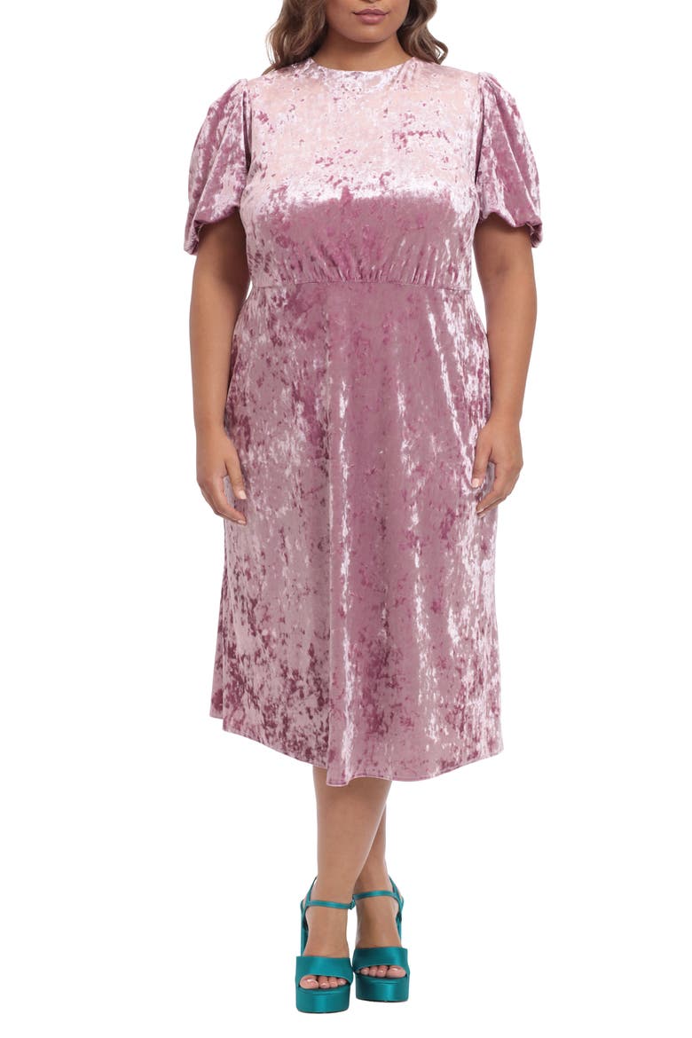 Puff Sleeve Velvet Midi Dress, Main, color, GRAPE NECTAR