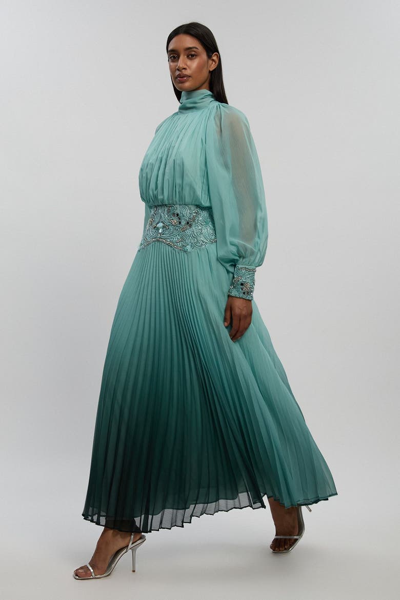 Long Sleeve High Neck Pleated Maxi Dress, Main, color, Green