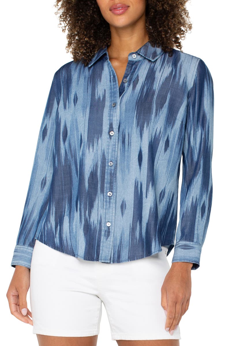 Liverpool Los Angeles Ikat Print Button-Up Shirt, Main, color, Water Color Ikat