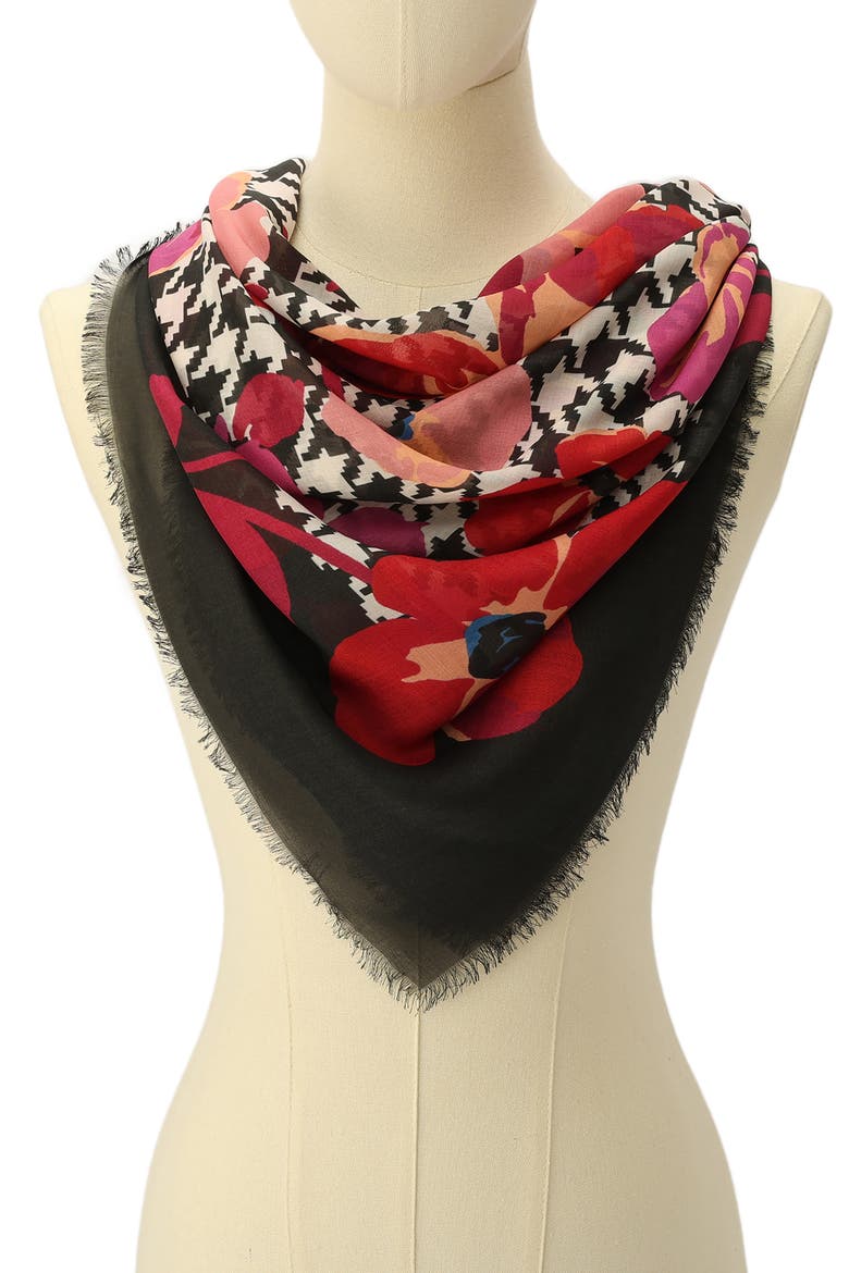 houndstooth poppies modal square scarf, Alternate, color, BLACK/ CREAM