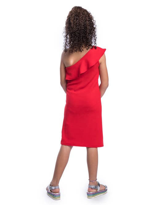 24sevenkid Solid Color One Shoulder Ruffle Knee Length Dress In Red