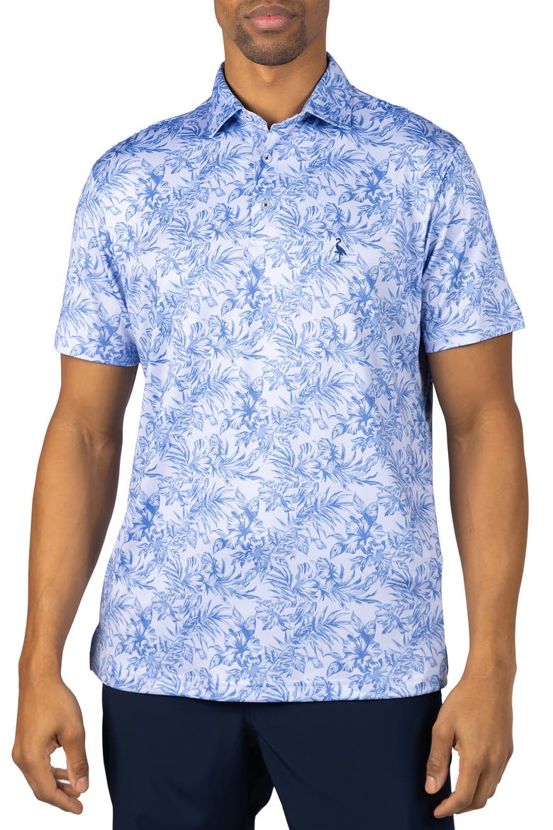 Distressed Tropical Print Performance Polo, Main, color, DENIM