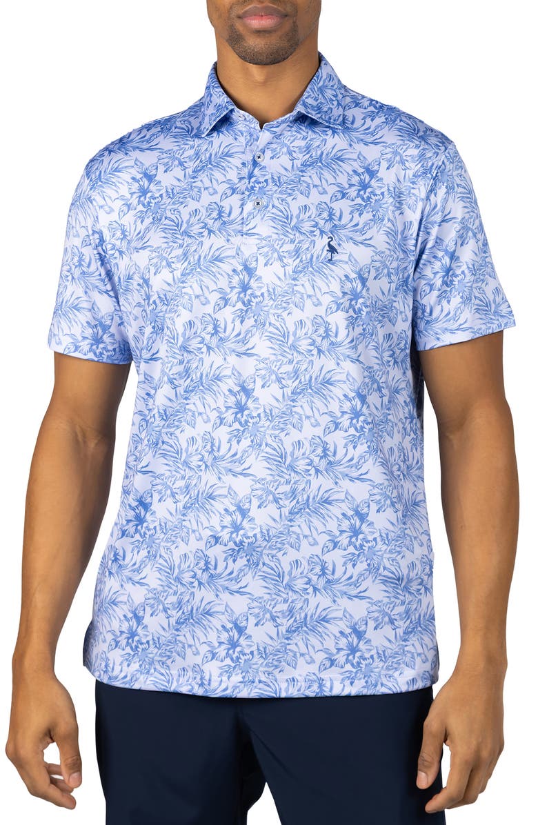 TailorByrd Distressed Tropical Print Performance Polo, Main, color, Denim