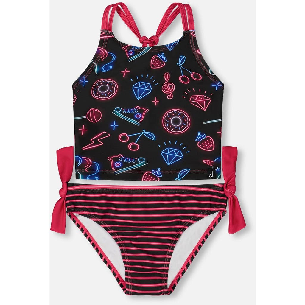 Deux Par Deux Girl's Printed Two-piece Swimsuit Black And Blue And Pink Items In Black And Blue And Pink Items