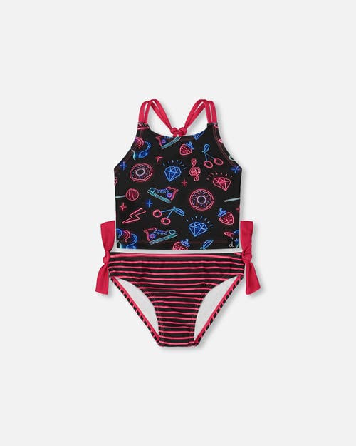 Deux Par Deux Girl's Printed Two-piece Swimsuit Black And Blue And Pink Items In Black And Blue And Pink Items
