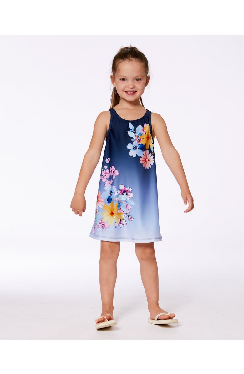 Deux par Deux Little Girl's Printed Beach Dress Yellow, Pink Flowers On Navy Blue Background, Alternate, color,