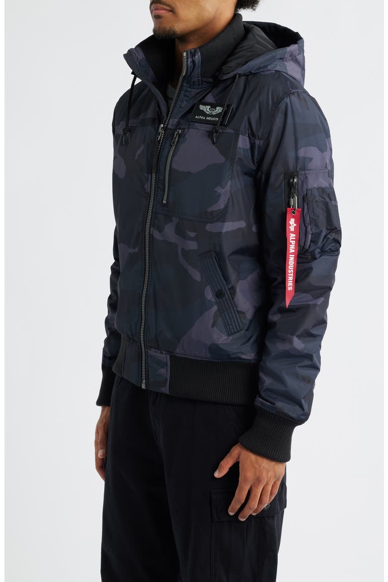 Hooded Rib Flight Jacket, Alternate, color, BLACK WOODLAND CAMO