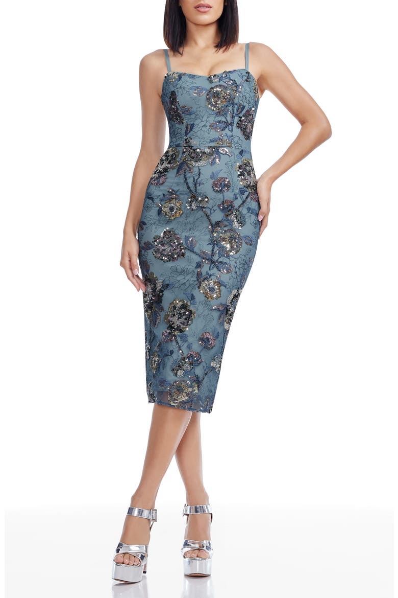 Blakely Floral Embroidery Midi Dress, Main, color, GRAPHITE BLUE MULTI