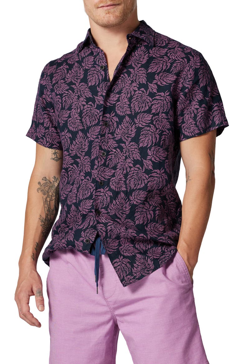 Yelverton Sport Fit Frond Print Short Sleeve Linen Button-Up Shirt, Main, color, DEEP SEA