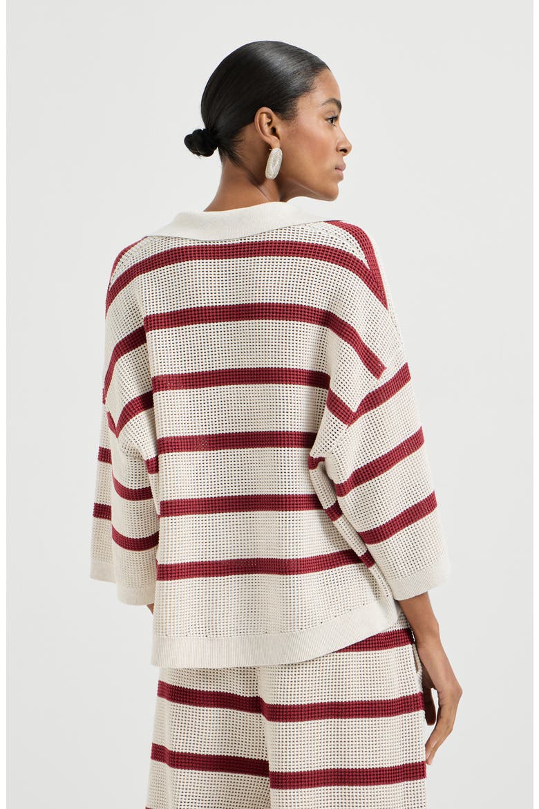 Cotton striped net knit polo shirt, Alternate, color, Bordeaux