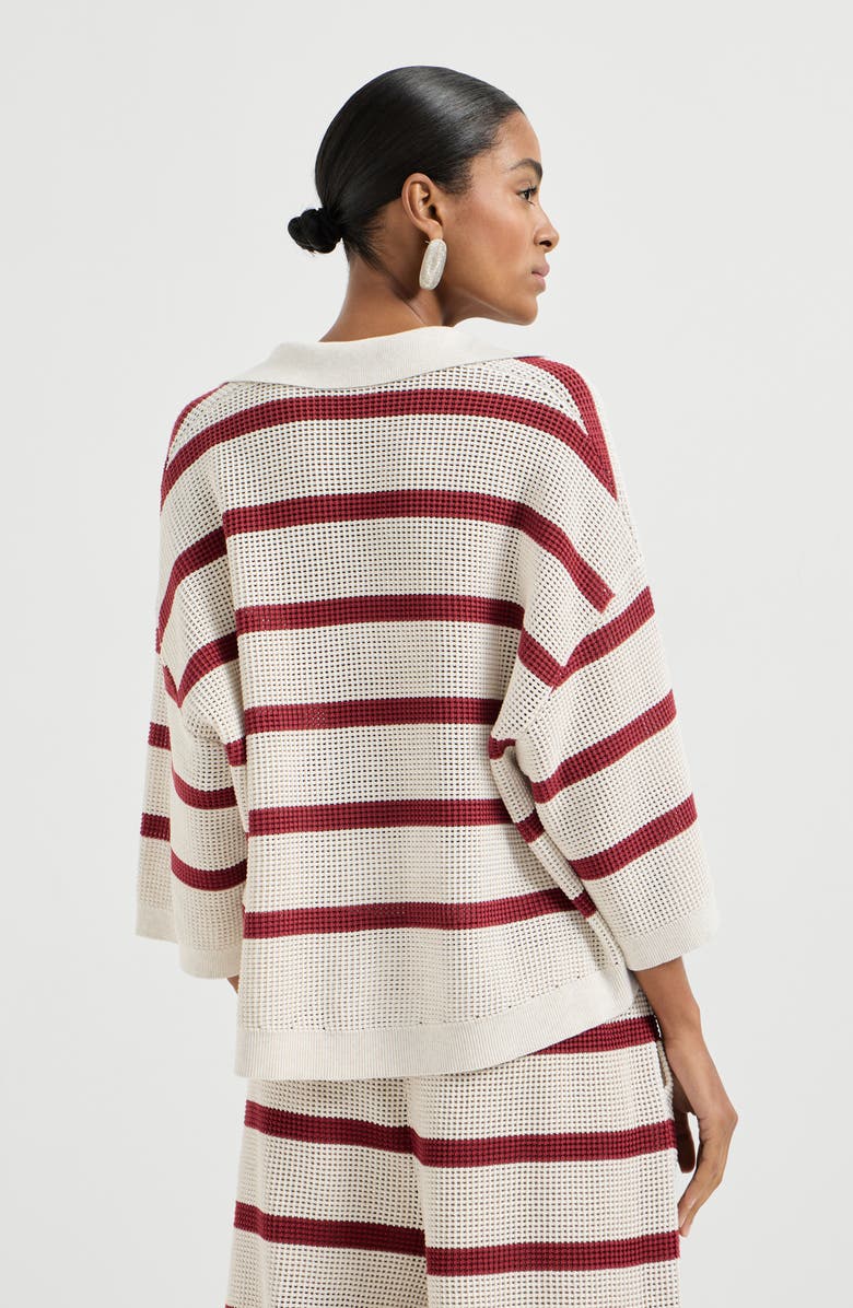 Brunello Cucinelli Cotton striped net knit polo shirt, Alternate, color, Bordeaux