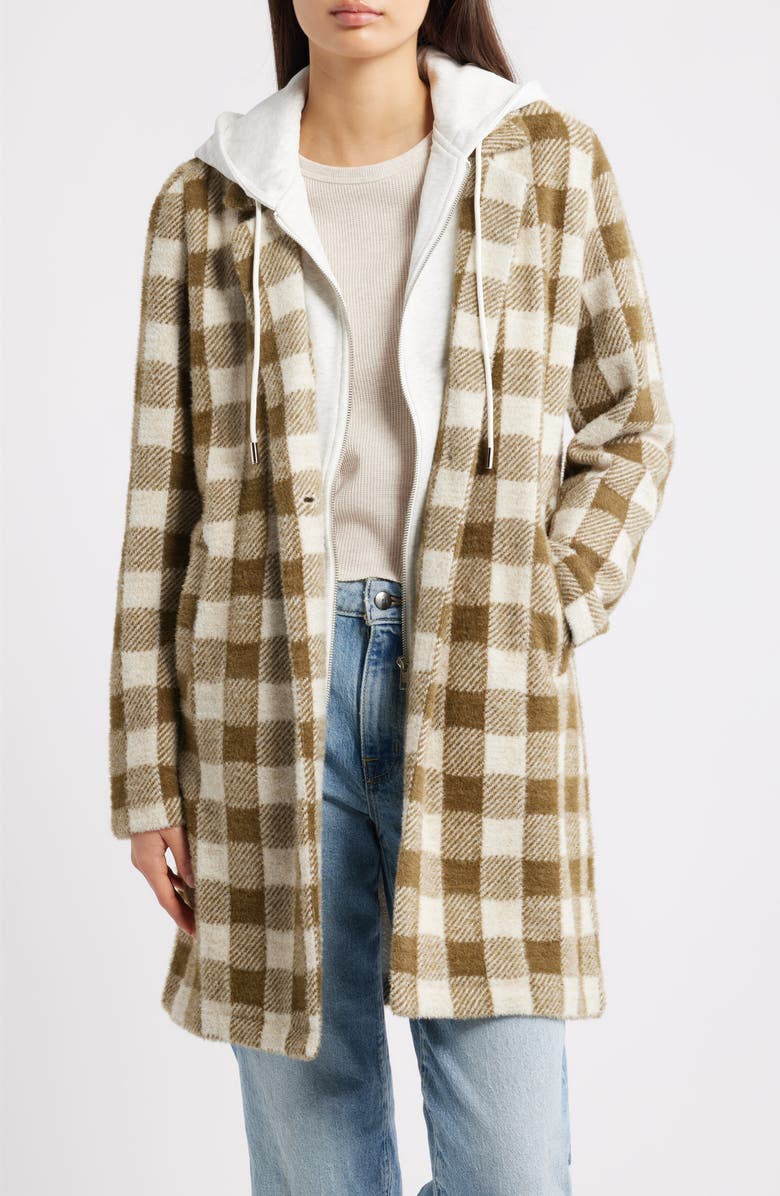 Thread & Supply Plaid Coat with Bib Hoodie, Main, color, White Sand Olive Plaid