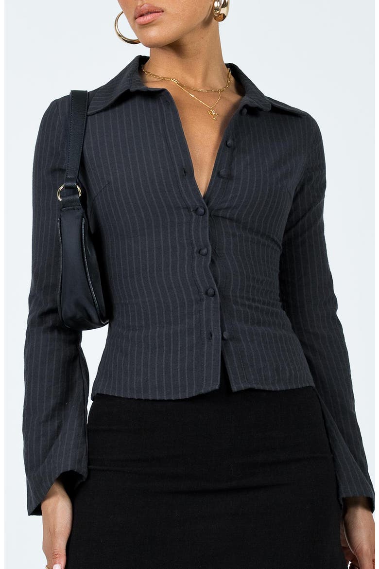 Anni Pinstripe Button-Up Shirt, Main, color, BLACK