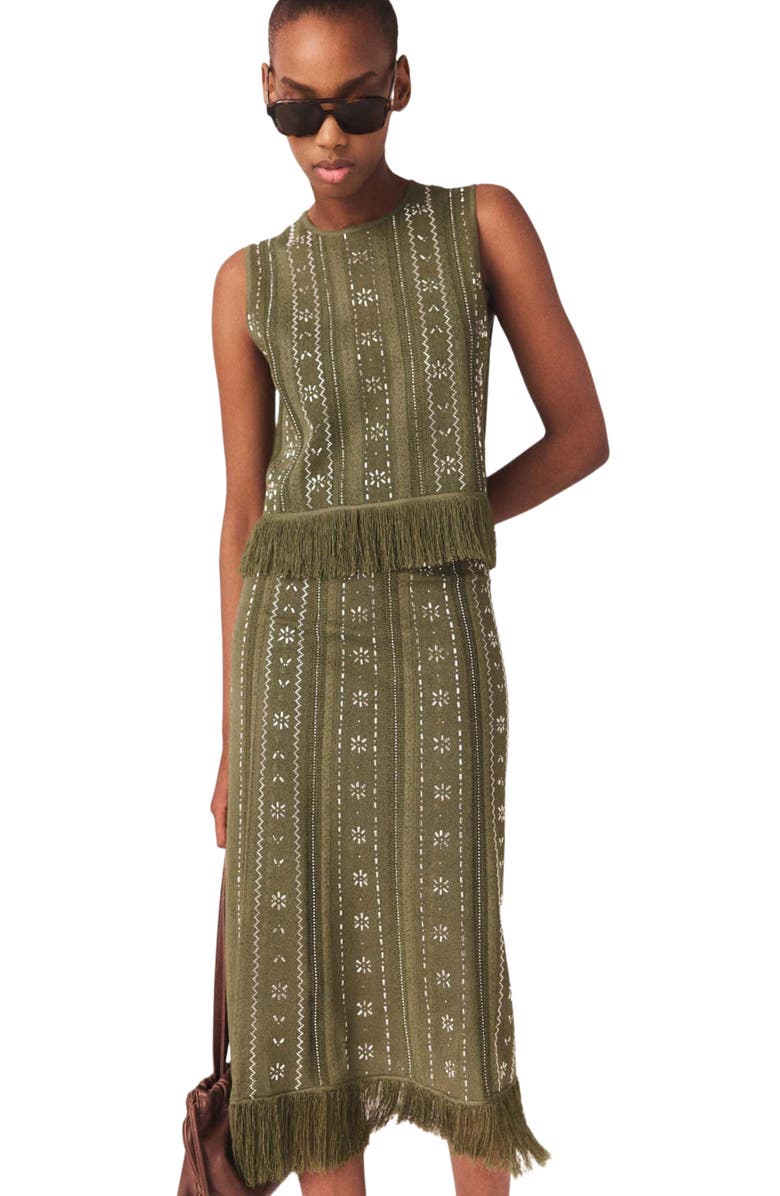 maje Knit skirt with rhinestone flowers, Alternate, color, Khaki