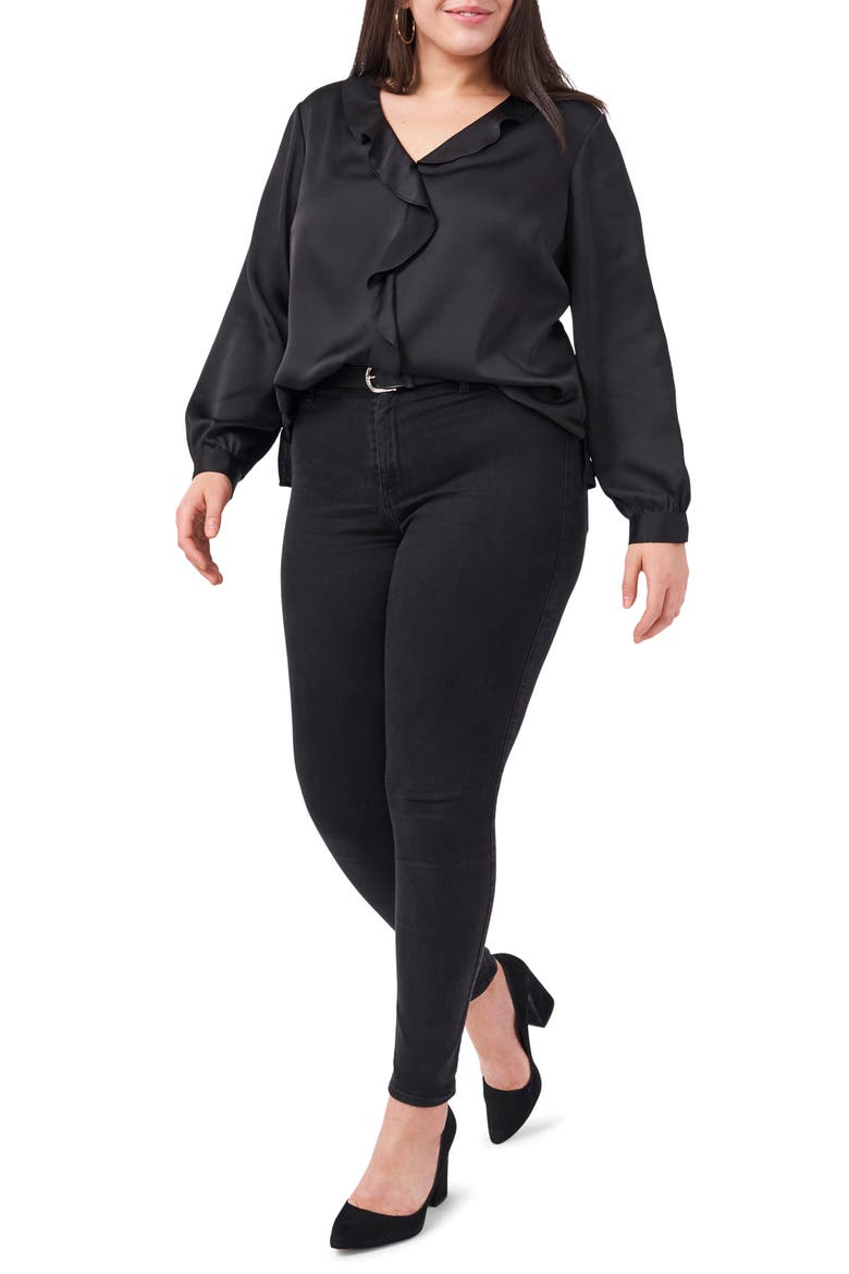 Ruffle Front Satin Blouse, Alternate, color, RICH BLACK