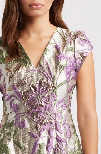 アンドレスド　V line jacquard dress Multicolor Metallic Floral Print Jacquard High Low Gown With
