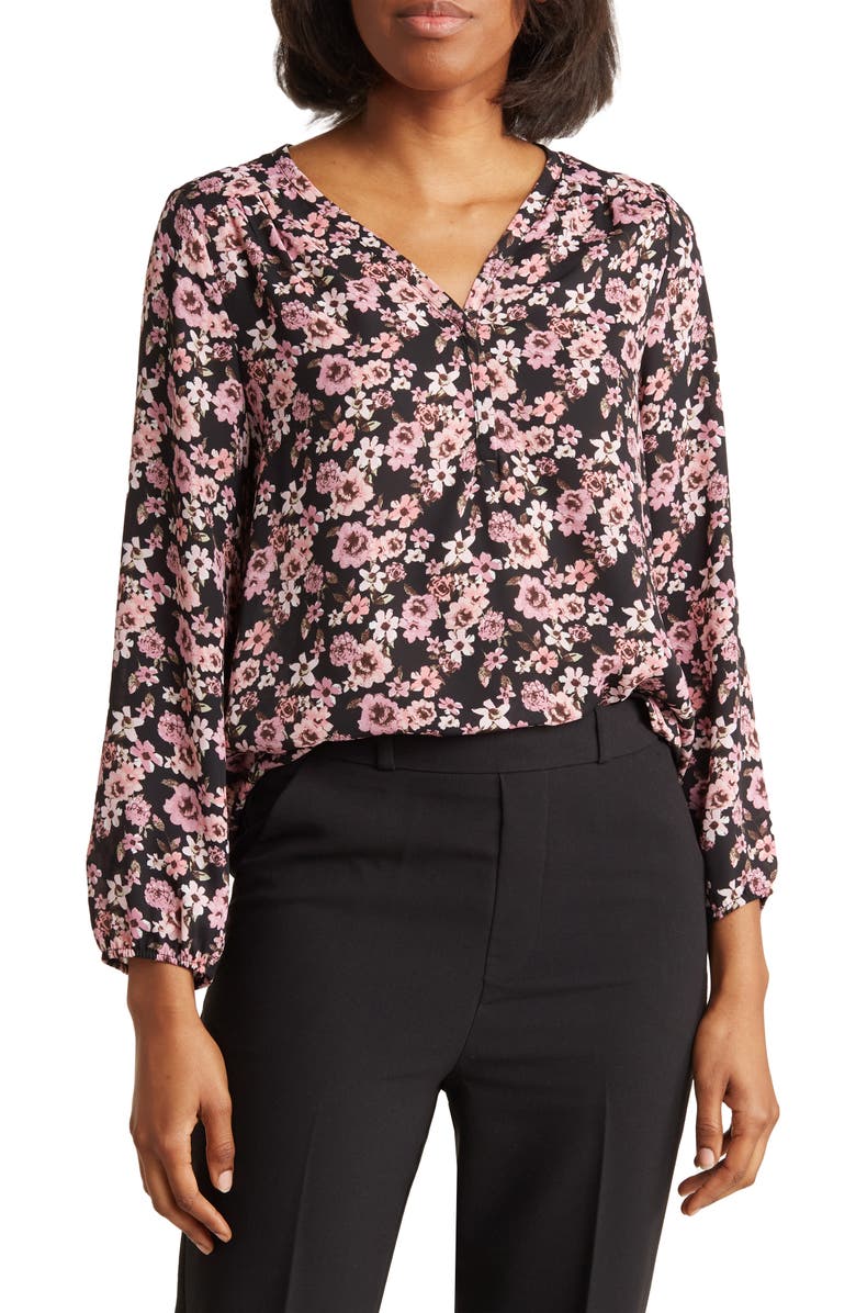 Pleione Floral V-Neck Shirred Long Sleeve Top, Main, color, 