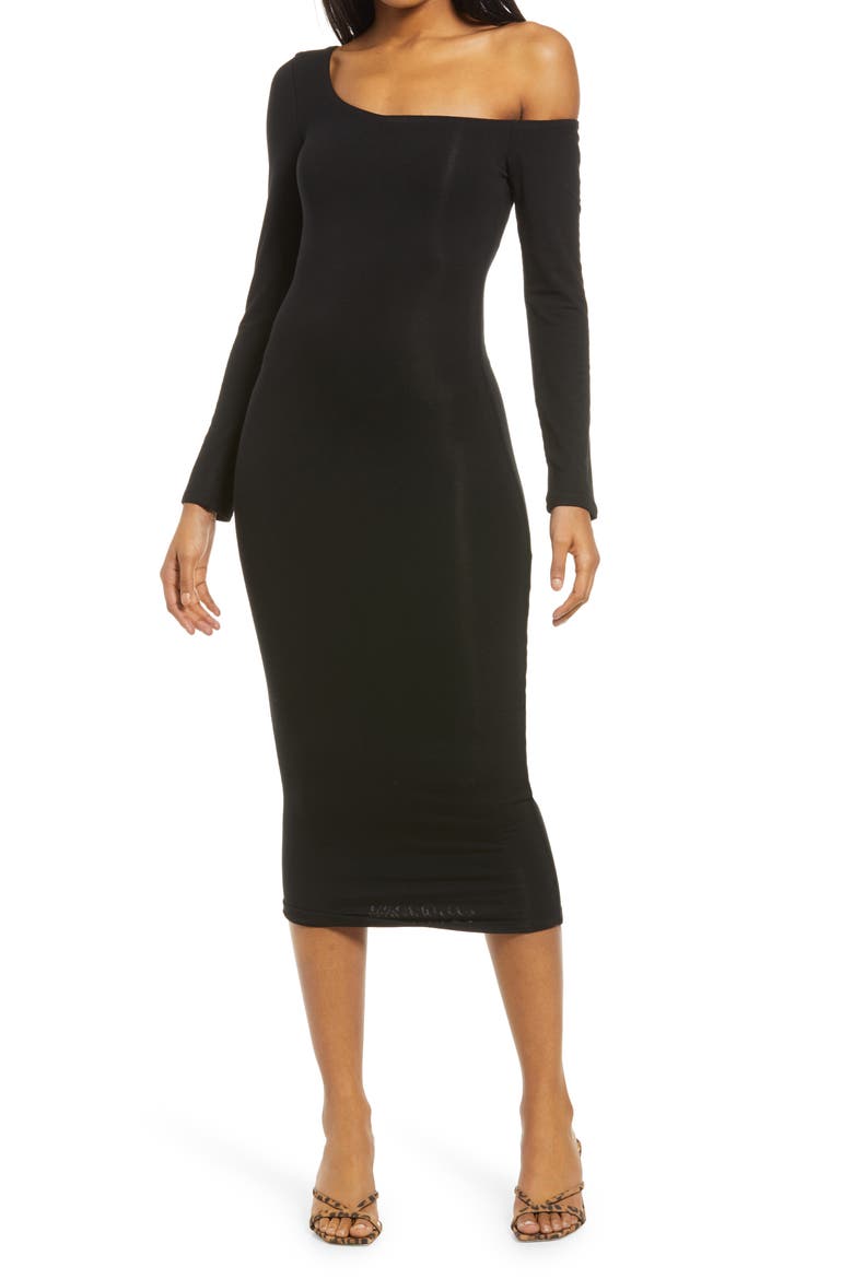 Long Sleeve One-Shoulder Midi Dress, Main, color, BLACK