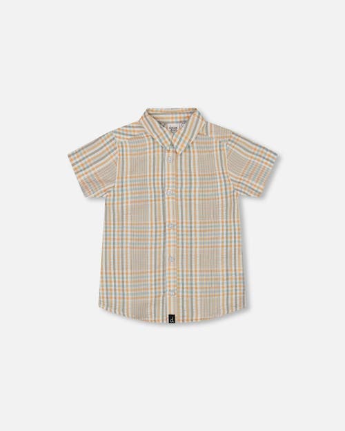 Deux Par Deux Little Boy's Short Sleeve Button Down Shirt Beige And Sage Plaid In Beige And Sage Plaid