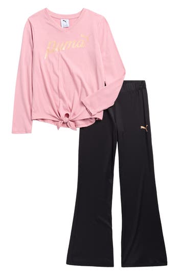 Puma Kids' Logo Knot T-shirt & Flare Leggings Set In Pink