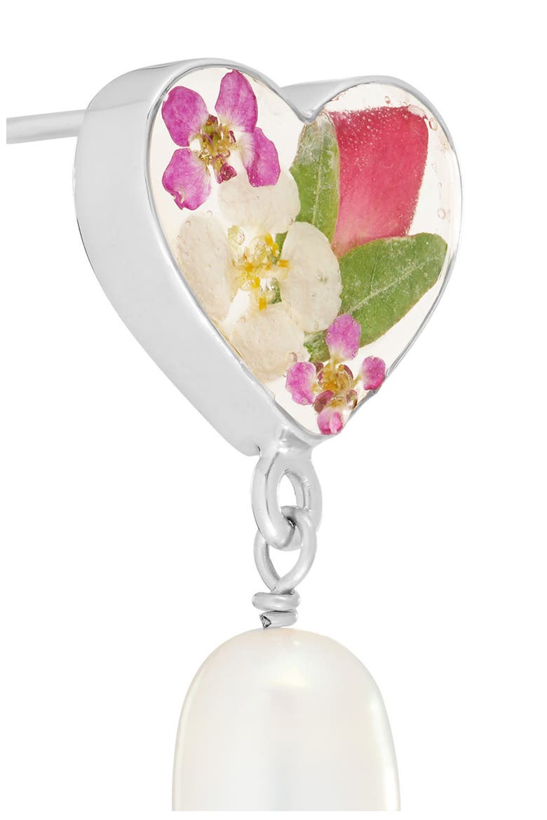 Dried Flowers & Cultured Pearl Heart Drop Earrings, Alternate, color, SILVER