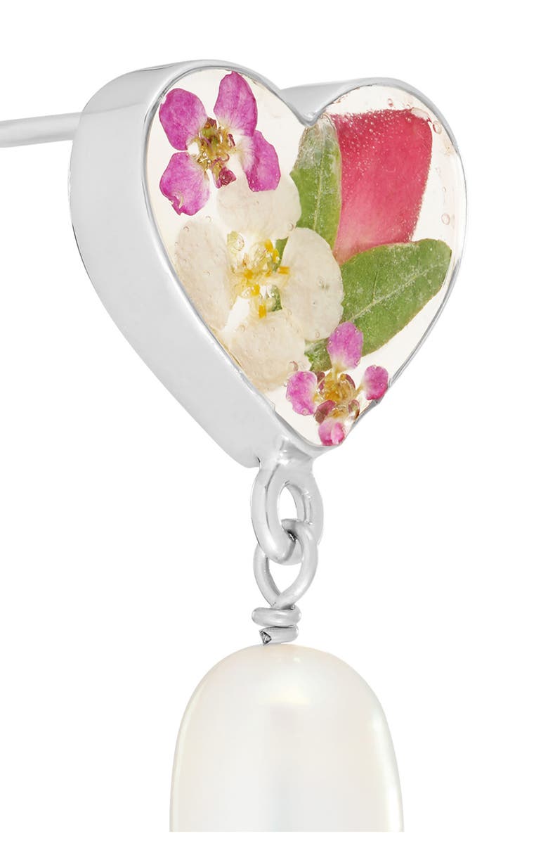 ATHRA LUXE Dried Flowers & Cultured Pearl Heart Drop Earrings, Alternate, color, Silver