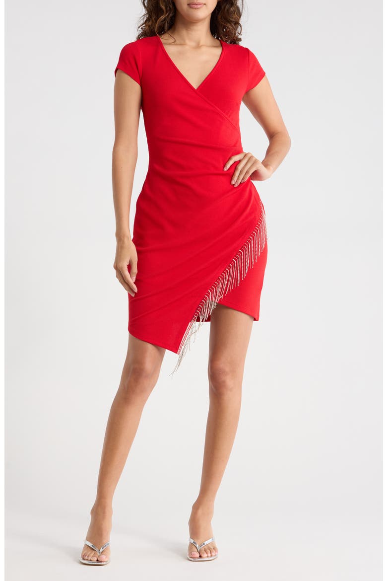 Cap Sleeve Rhinestone Trim Faux Wrap Dress, Main, color, RED
