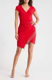 Madden Girl Cap Sleeve Rhinestone Trim Faux Wrap Dress