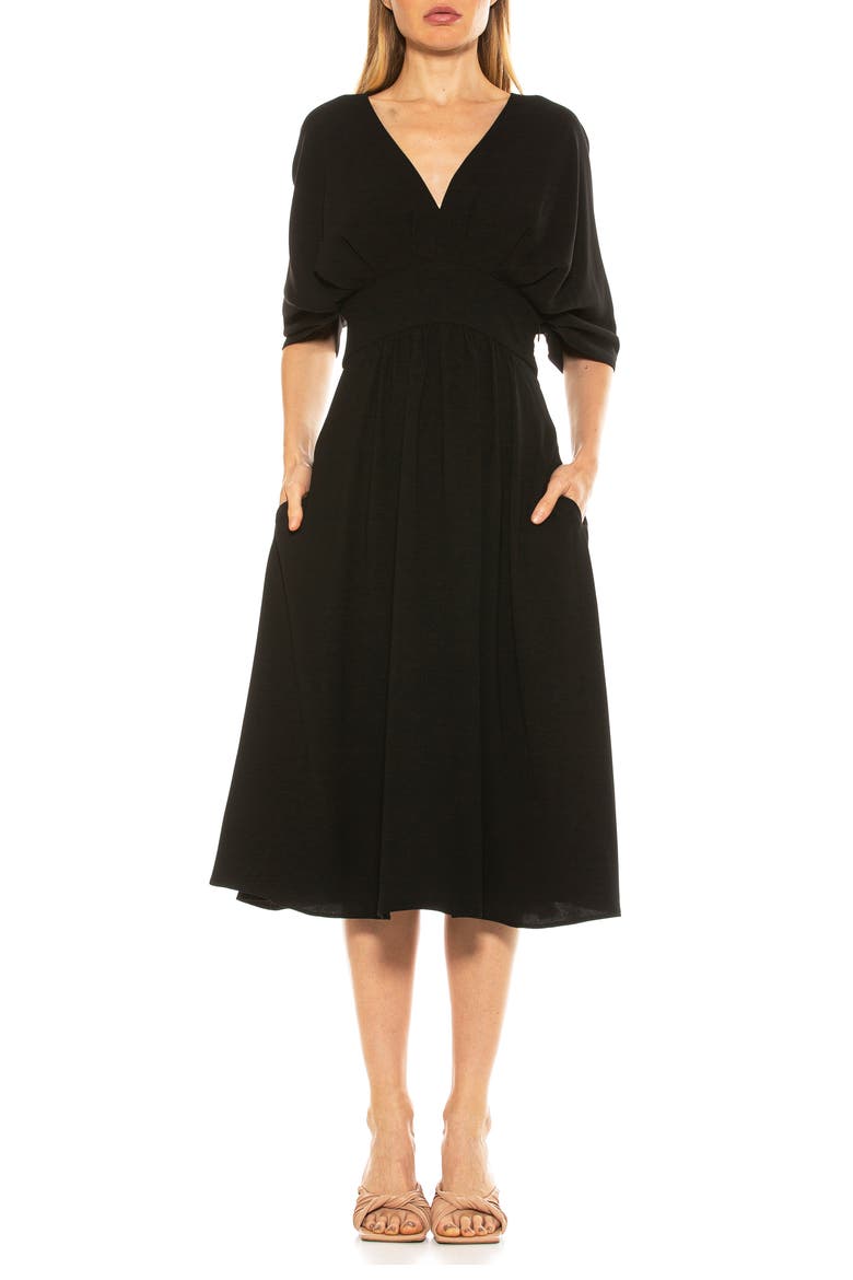 August Draped Midi Fit & Flare Dress, Main, color, BLACK