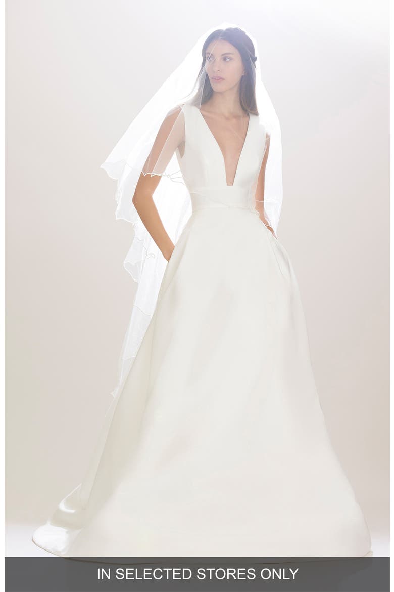 Mason Plunging V-Neck Silk Mikado Ballgown, Alternate, color, IVORY
