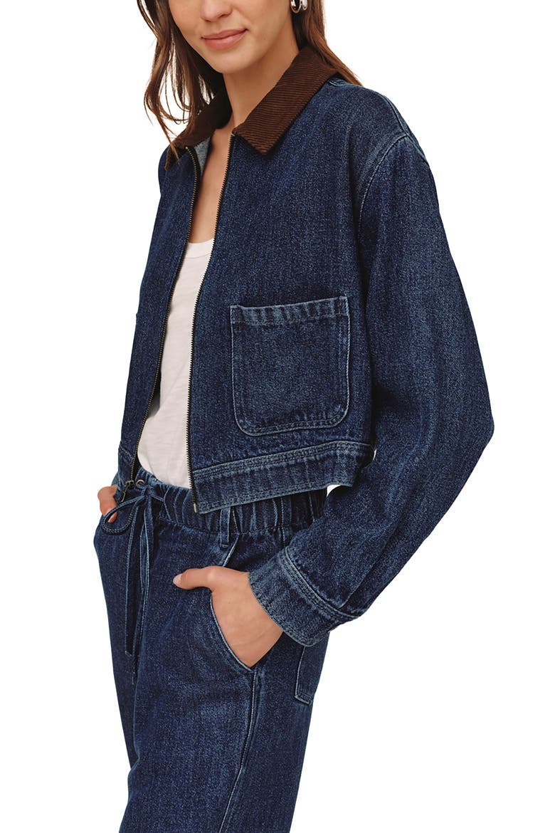 Corduroy Collar Cropped Zip Jacket, Alternate, color, DARK RINSE WASH