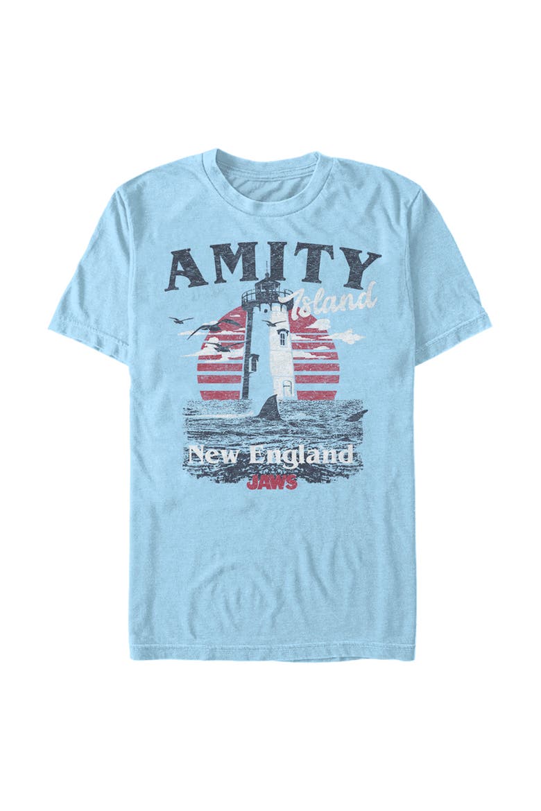 Men's Jaws Amity Island Tourist Lighthouse Graphic T-Shirt, Main, color, Light Blue