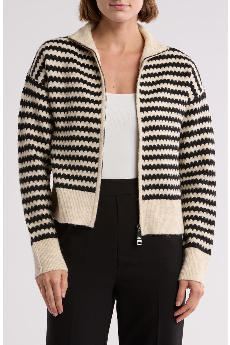 Stripe Zip Front Crop Cardigan, Main, color, FAWN/BLACK