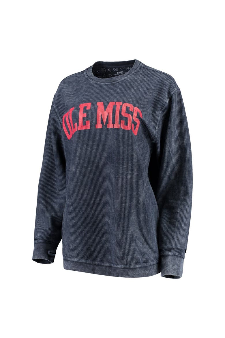 Women's Pressbox Navy Ole Miss Rebels Comfy Cord Vintage Wash Basic Arch Pullover Sweatshirt, Alternate, color, Navy