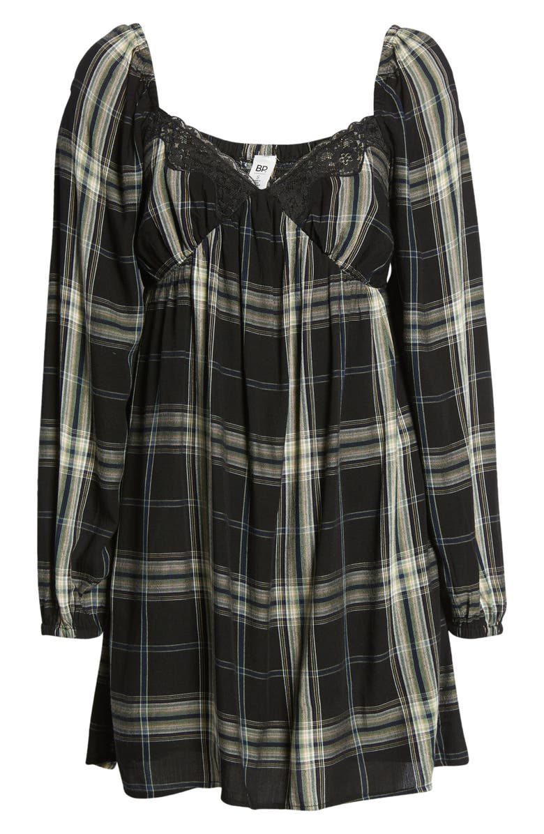 BP. Lacey Plaid Long Sleeve Babydoll Dress, Alternate, color,